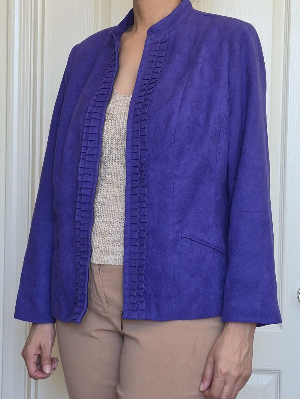 Vtg. Tan Jay Faux Suede Ruffle center Zip Up Jacket Sz 14